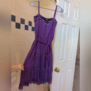 Miss K Purple 100% Mulberry Silk Sleeveless Embroidery Tiered Dress Size XS